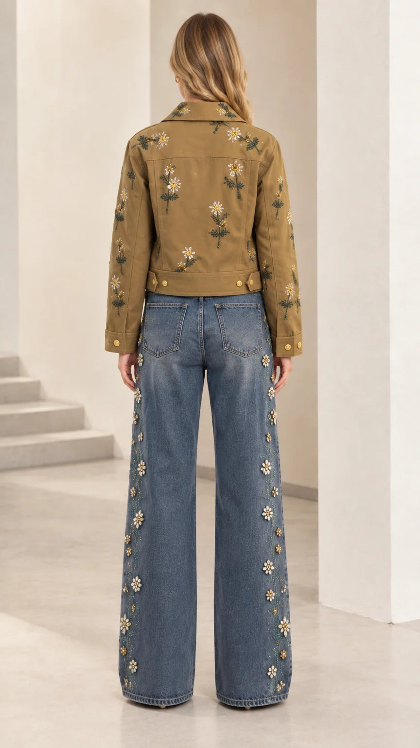 Back view of camel floral embroidered utility jacket