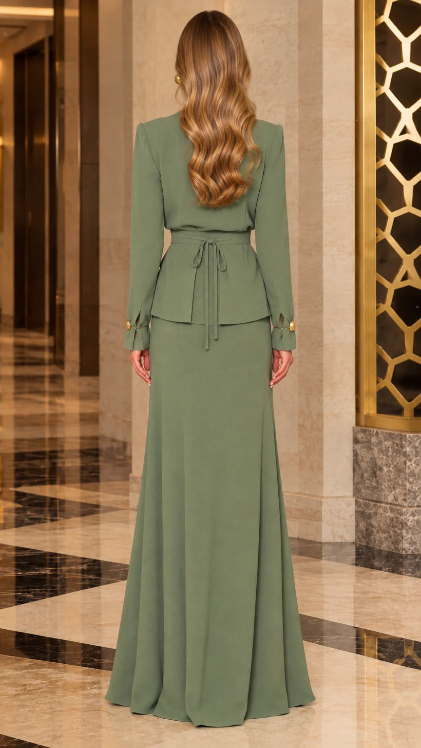 Back view of model in Sage Green modest maxi dress highlighting tie-back waist design