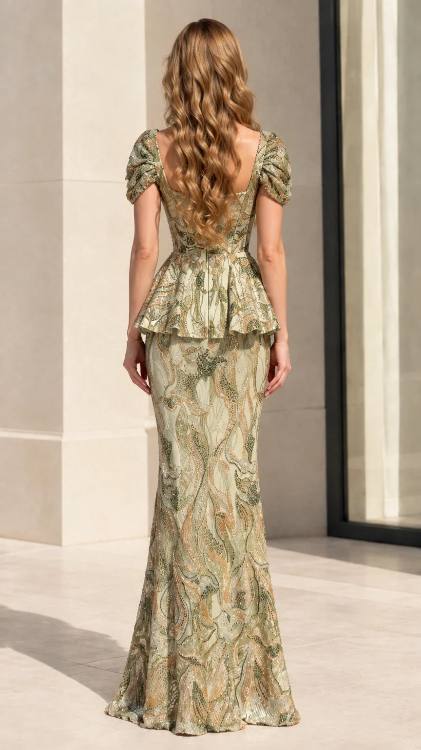 Back view of model in sage green sequin floor-length peplum gown