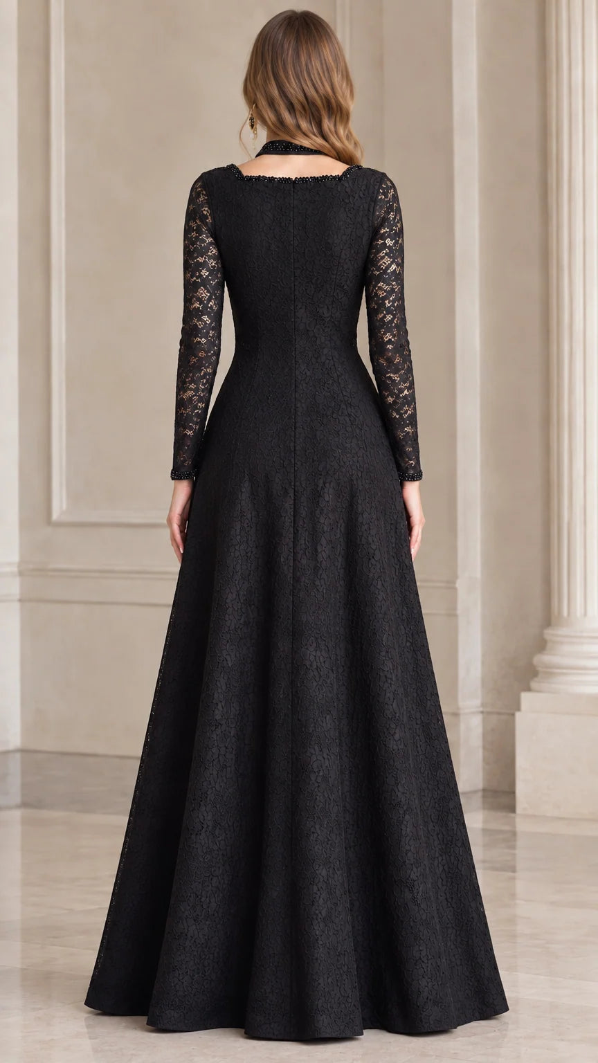 Back view of floor-length black lace formal evening gown