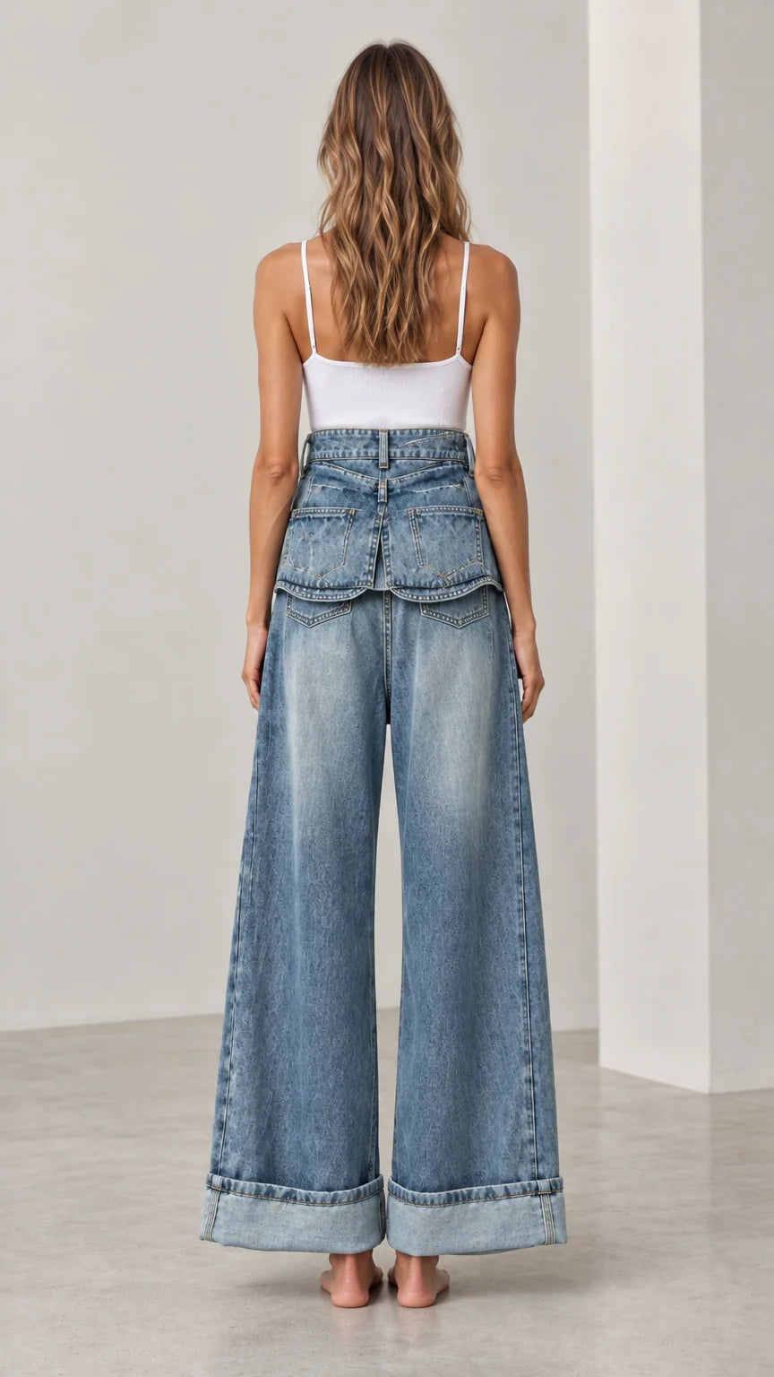 Back view of Washed Blue Fold-Over Waist Graphic Wide-Leg Jeans