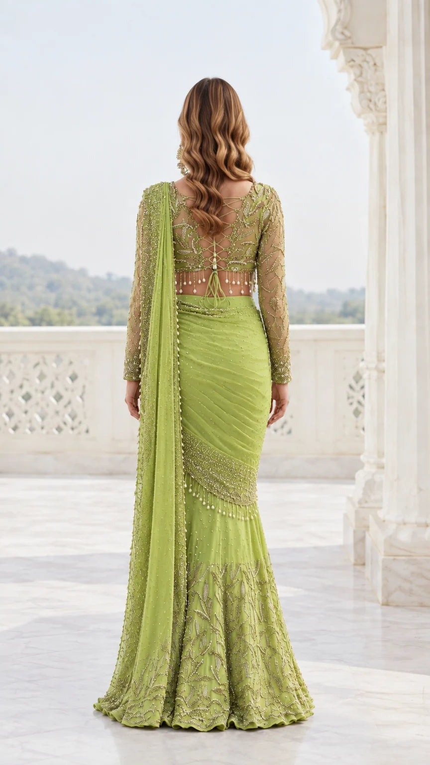 Back full-length view of lime green pre-draped saree gown with sheer embroidered back detail