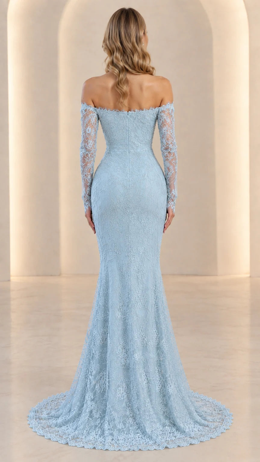 Back view of light blue off-the-shoulder lace evening gown highlighting silhouette
