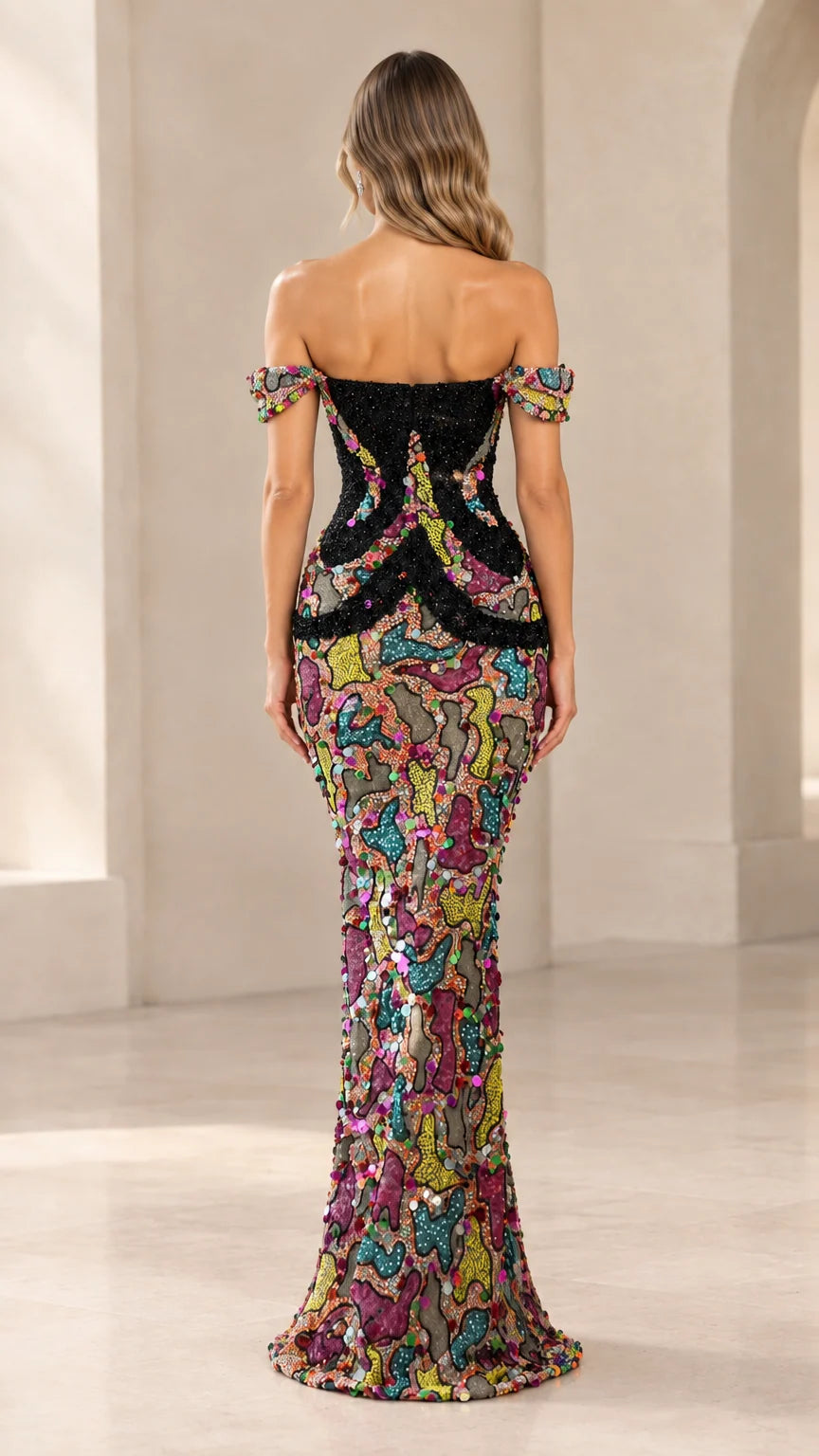 Back view of off-the-shoulder beaded mermaid gown showing fitted back and floor-length hem
