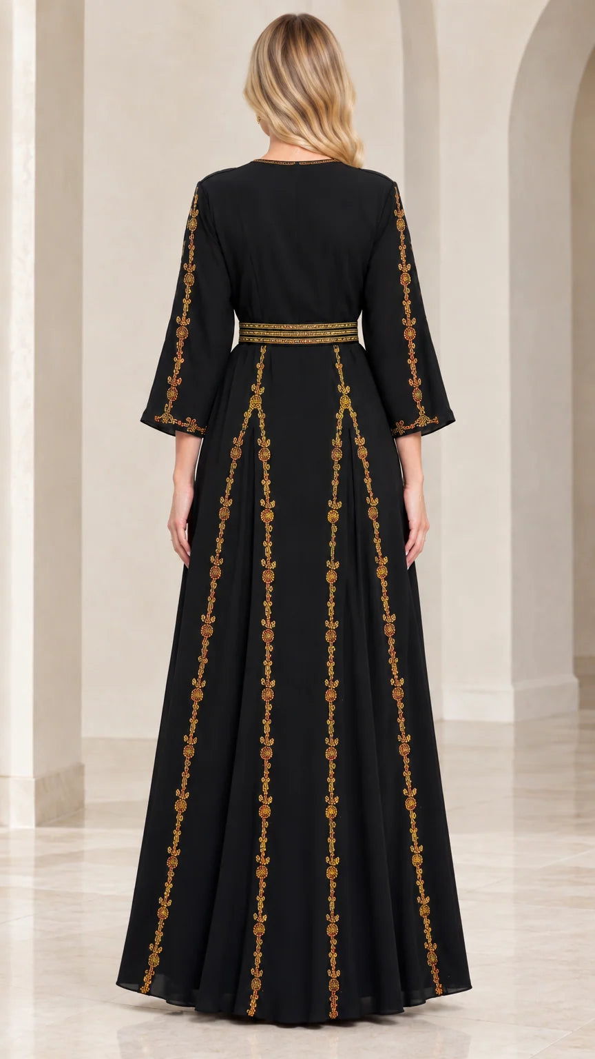 Back view of black gold-embroidered floor-length A-line dress