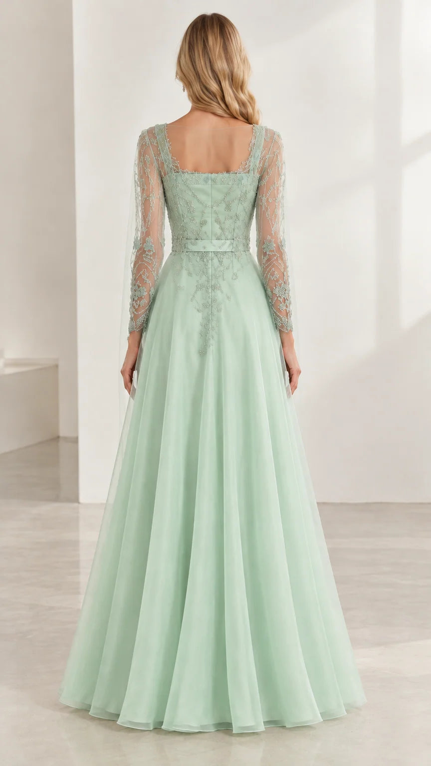 Back view of sage green formal evening gown with square back neckline