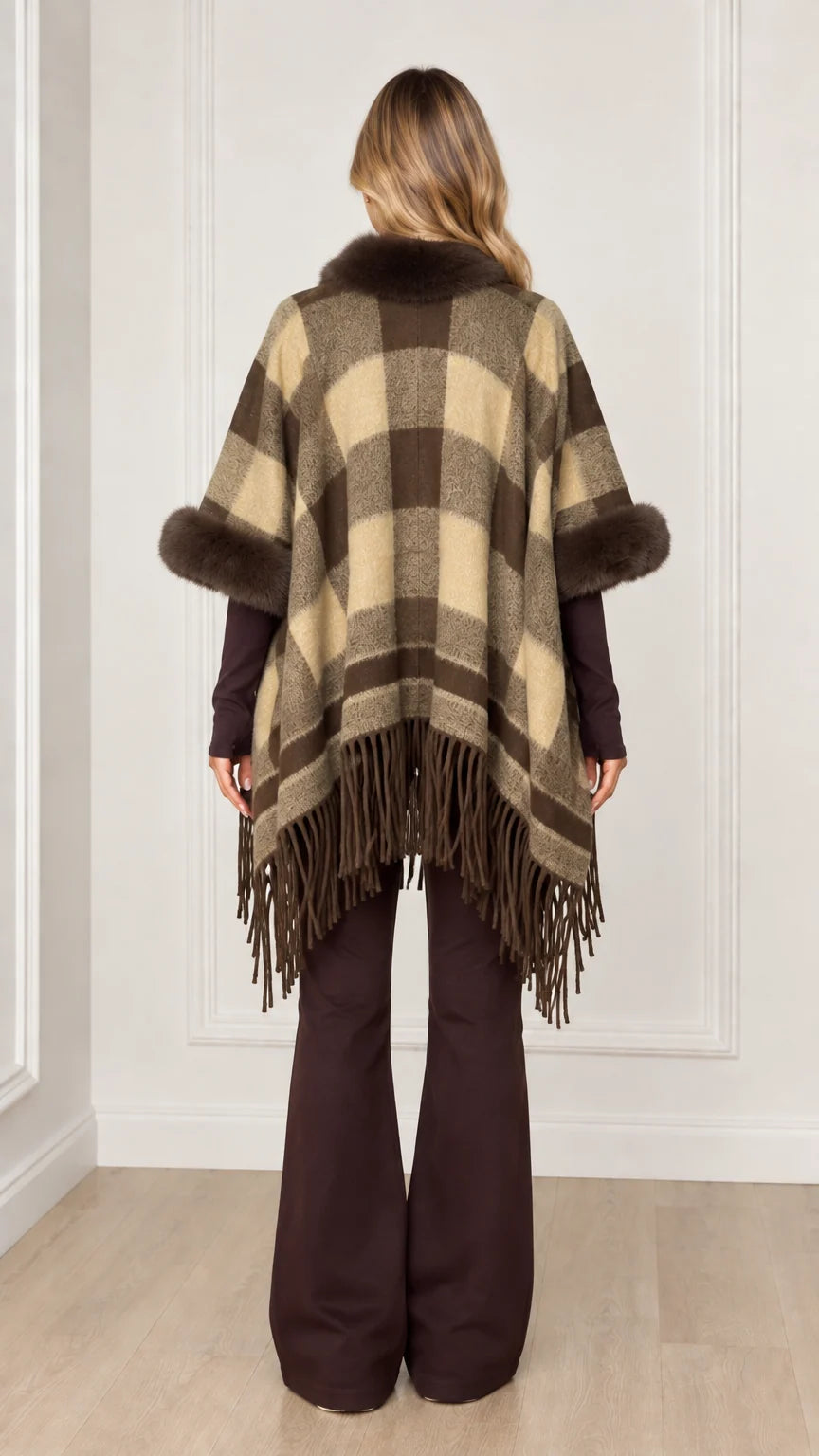Back view of olive khaki plaid fringe poncho wrap