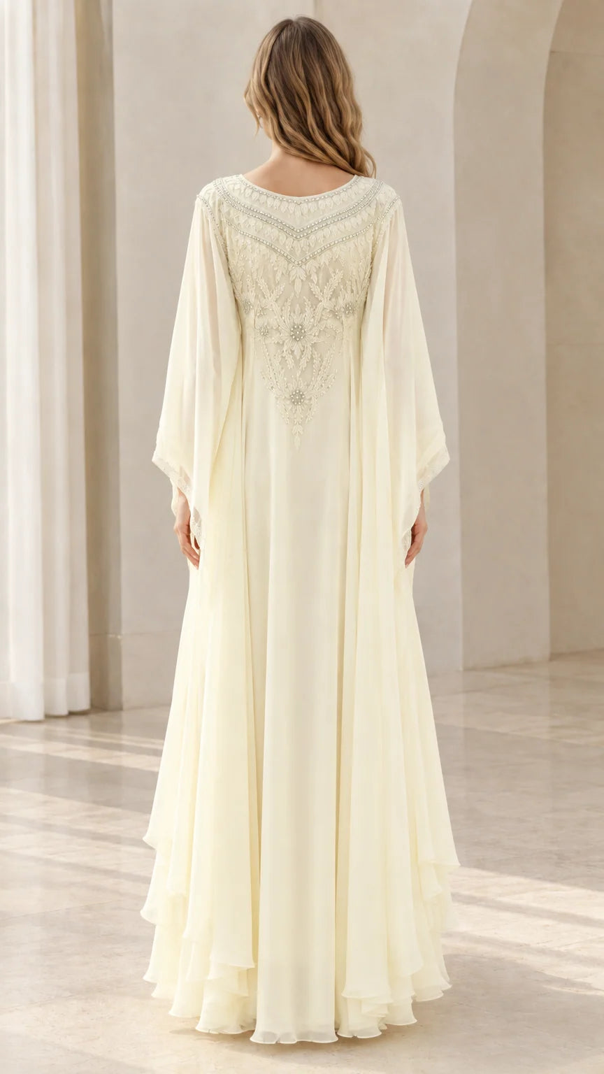 Back view of cream beaded floor-length kaftan evening dress