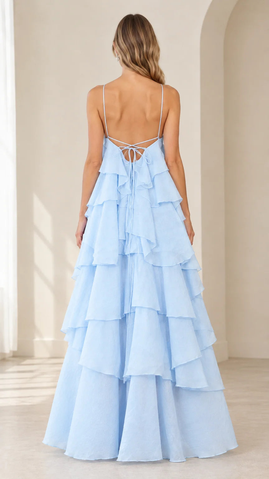 Back view of Sky Blue halter dress showing open back and lace-up ties