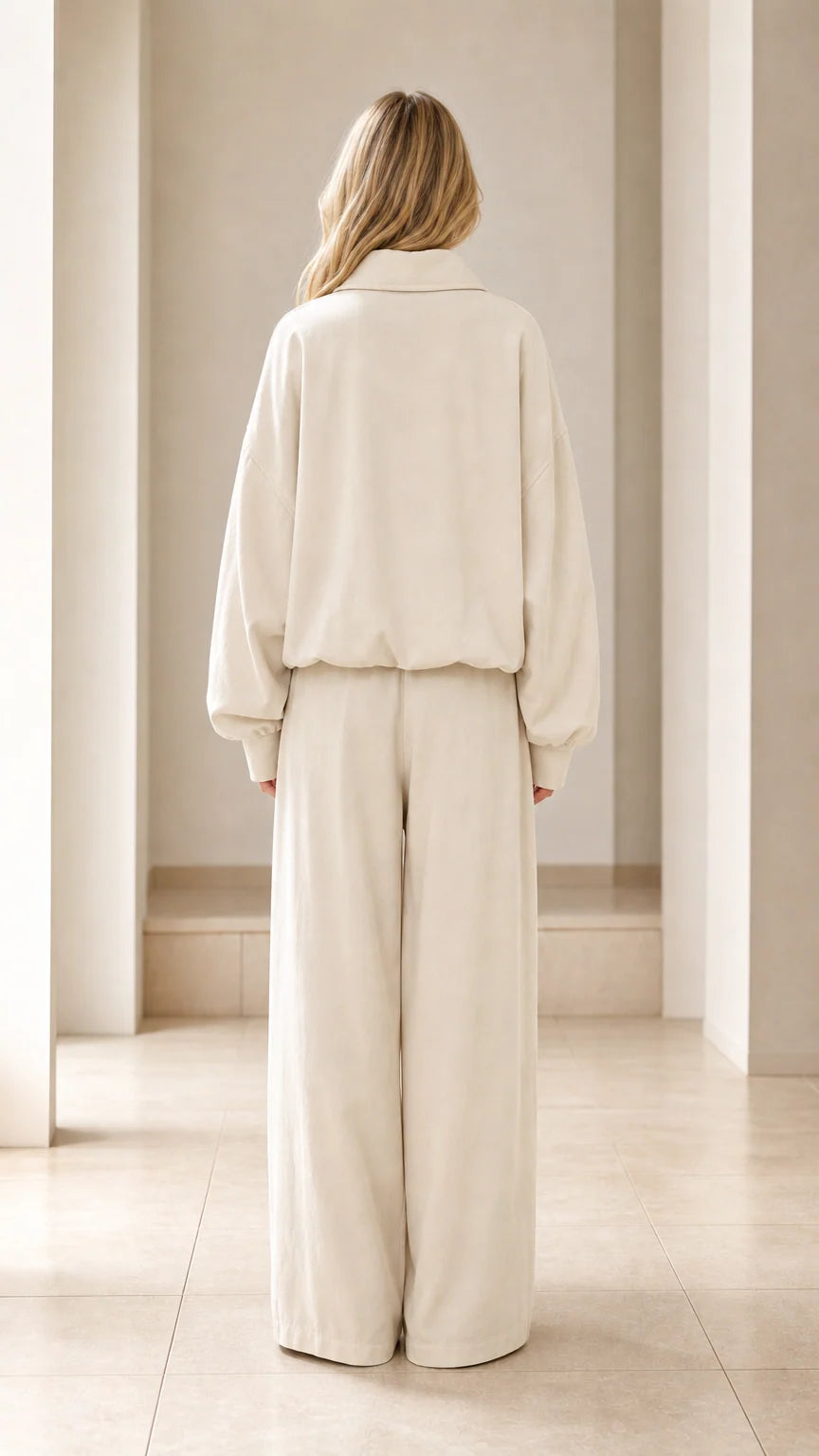 Back view of woman wearing cream relaxed zip jacket and flowing wide-leg pants