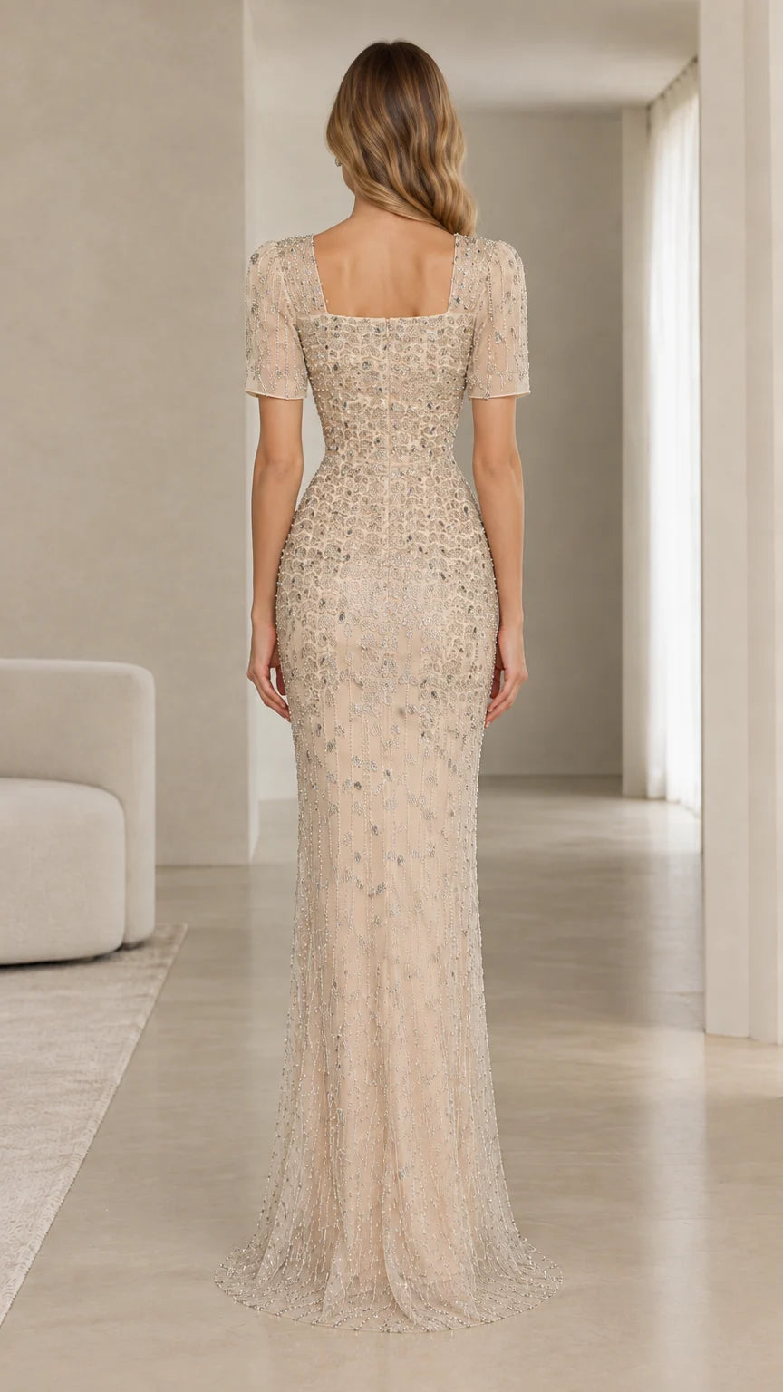 Champagne square neck sequin evening dress back view