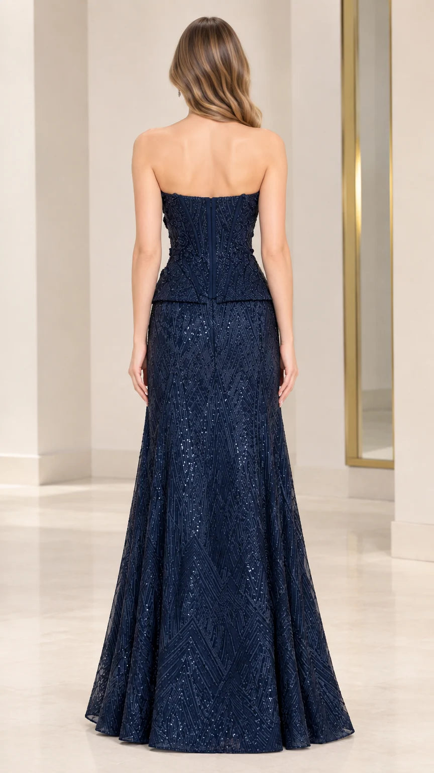 Navy Blue formal strapless sequin dress back view