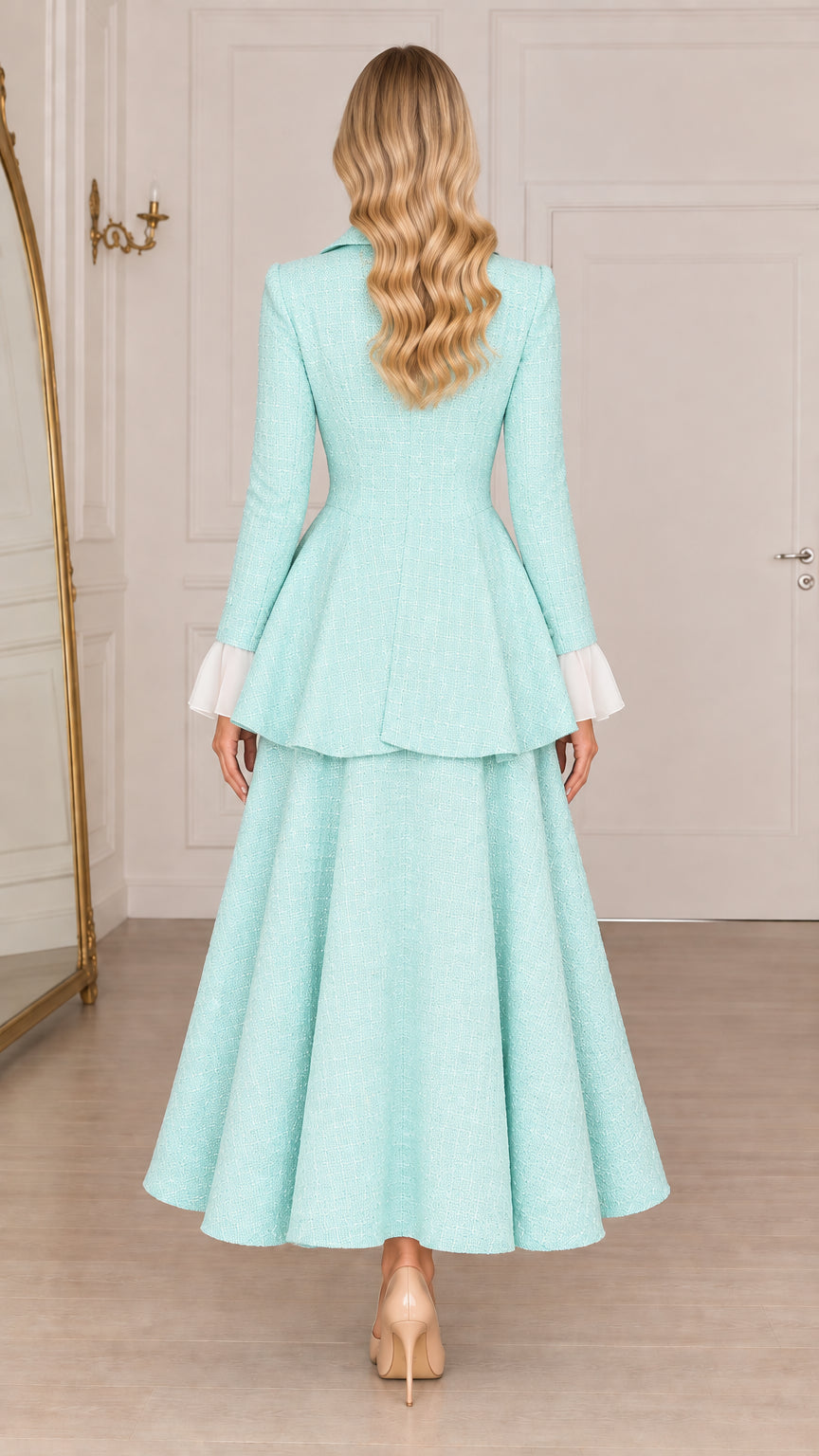 Mint green tweed maxi dress back view showing tiered peplum skirt