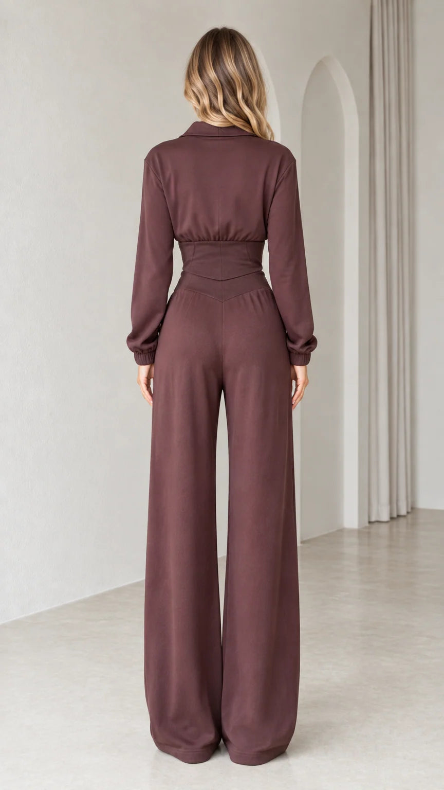 Back full-length view of woman in chocolate brown wide-leg matching pants set
