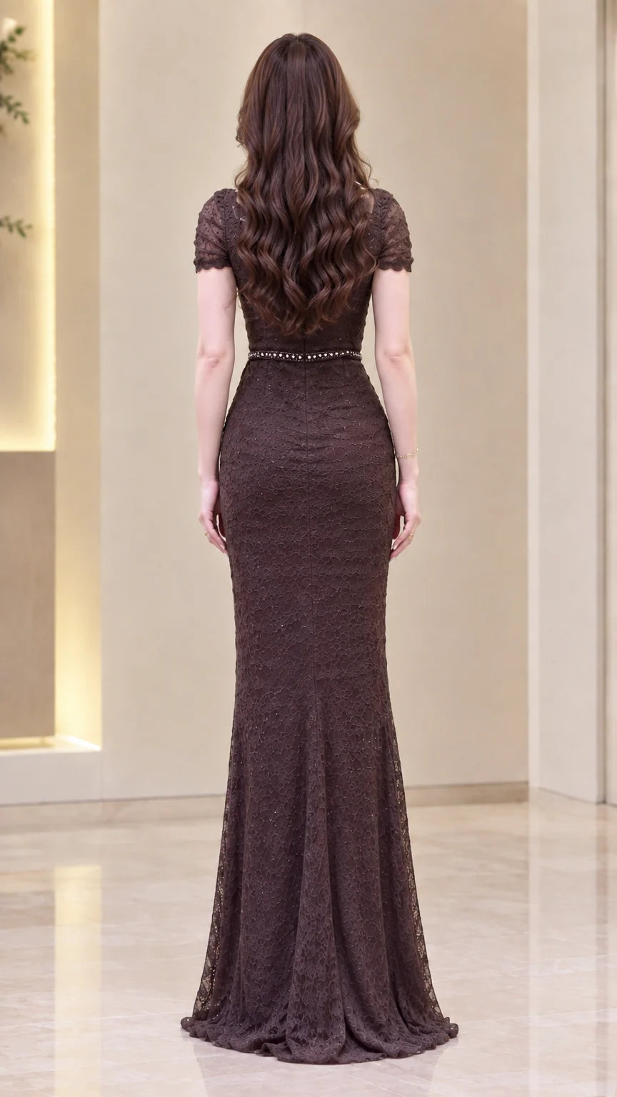 Back view of Chocolate Brown floor-length lace dress showcasing fitted cut and back zipper