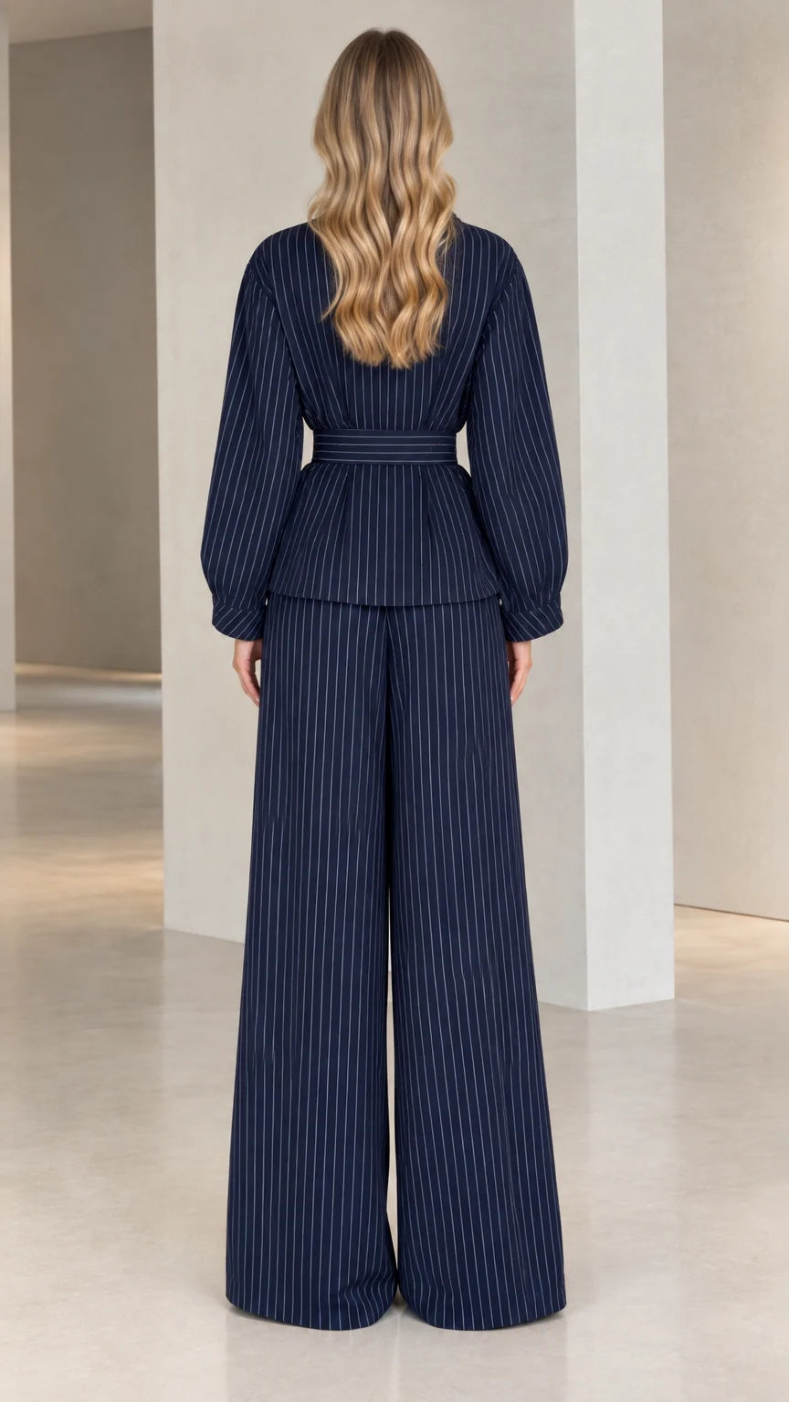 Back view of model showcasing the tailored silhouette of the Navy Blue pinstripe suit