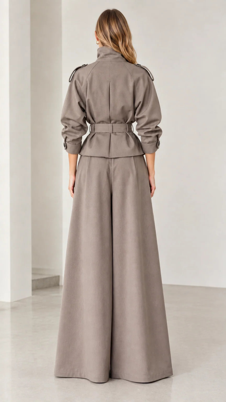 Back view of taupe two-piece pant suit with defined belted waist