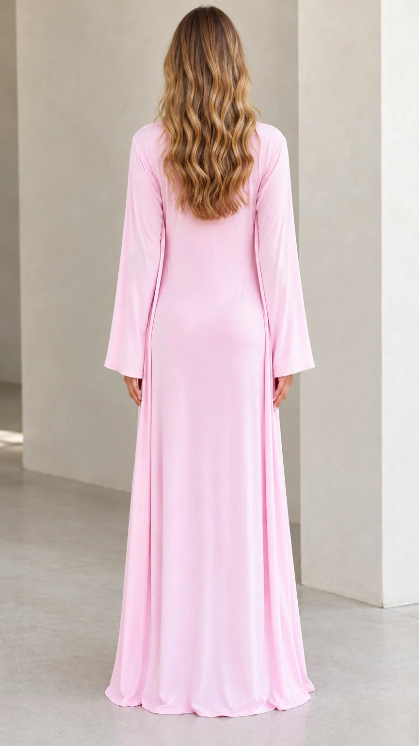 Back view of Light Pink long maternity cardigan and maxi dress set