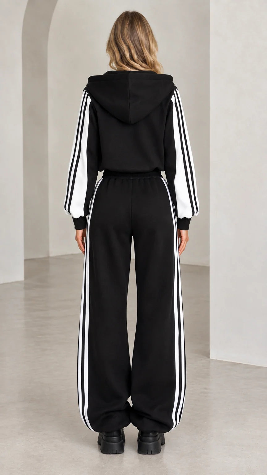Back view of model wearing black hooded cropped track jacket and matching sweatpants