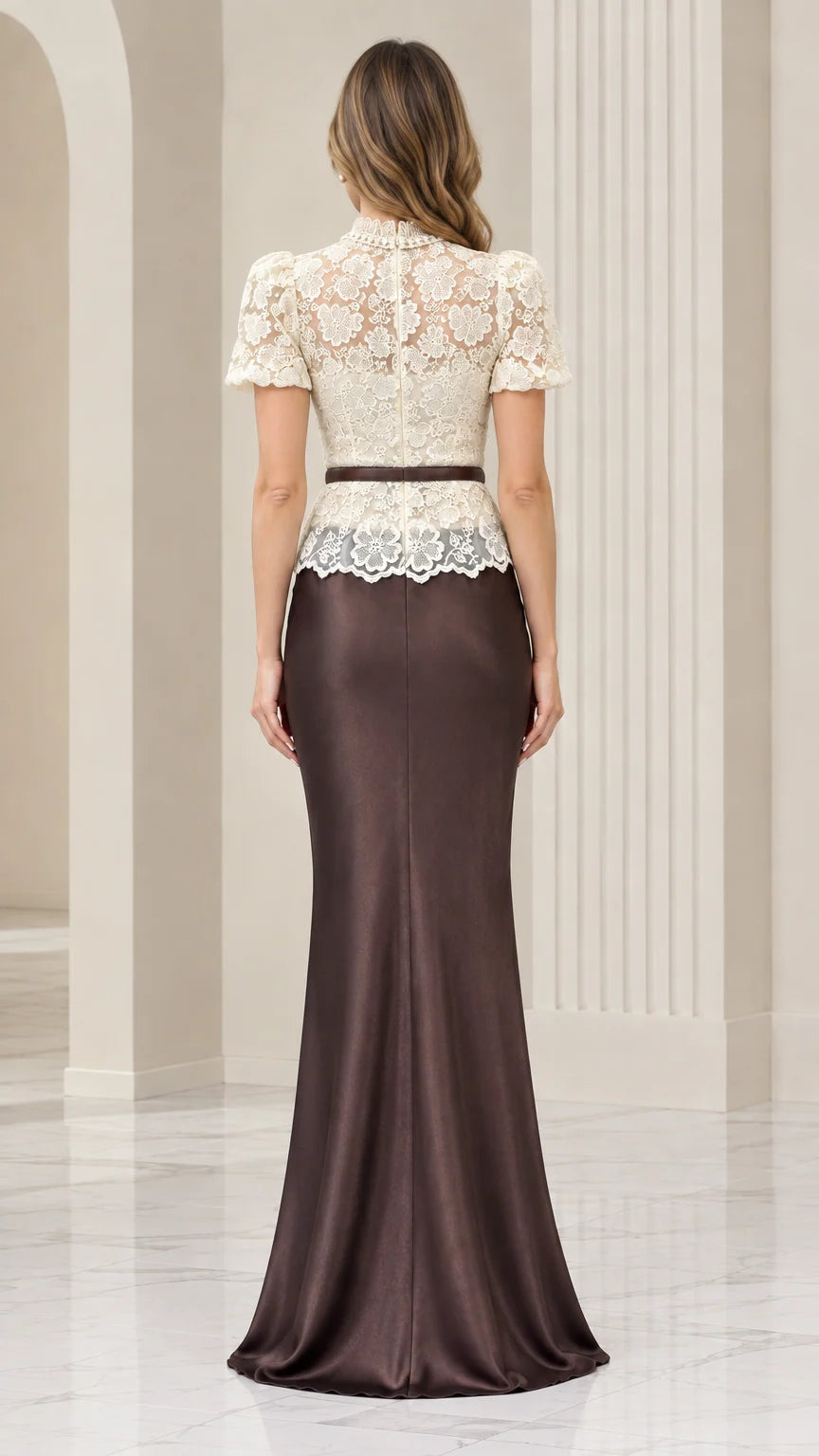 Back view of model in chocolate brown lace and satin evening gown showing back zip and slim belt