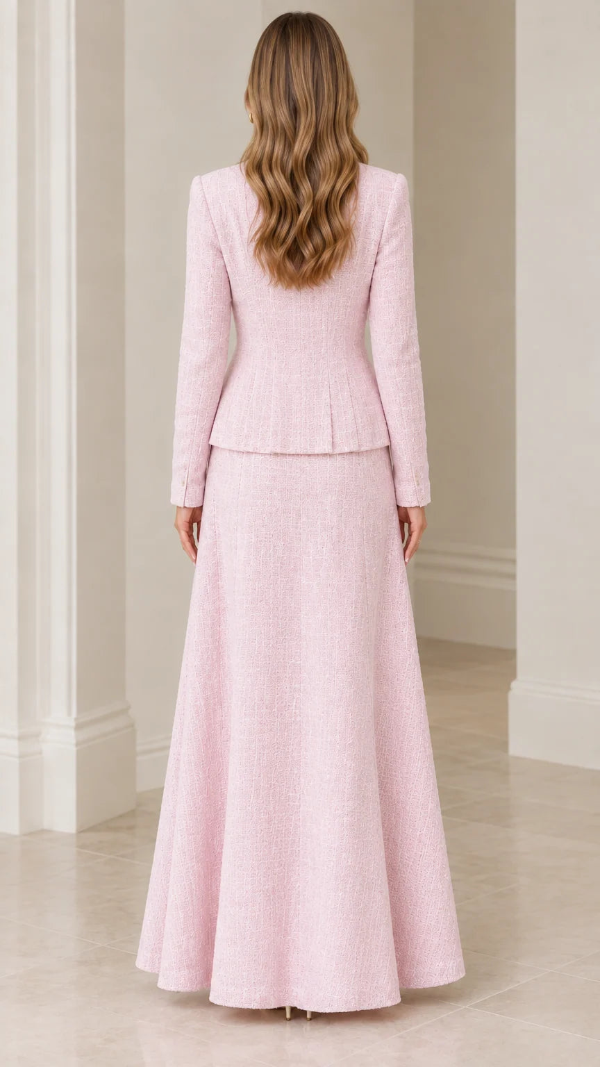 Back view of model in elegant blush pink tweed peplum jacket and maxi skirt set