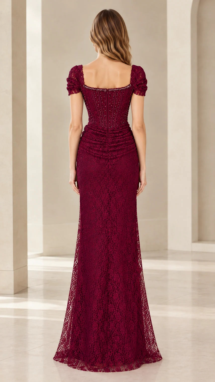 Back view of Burgundy lace gown showing square back neckline and flattering fit