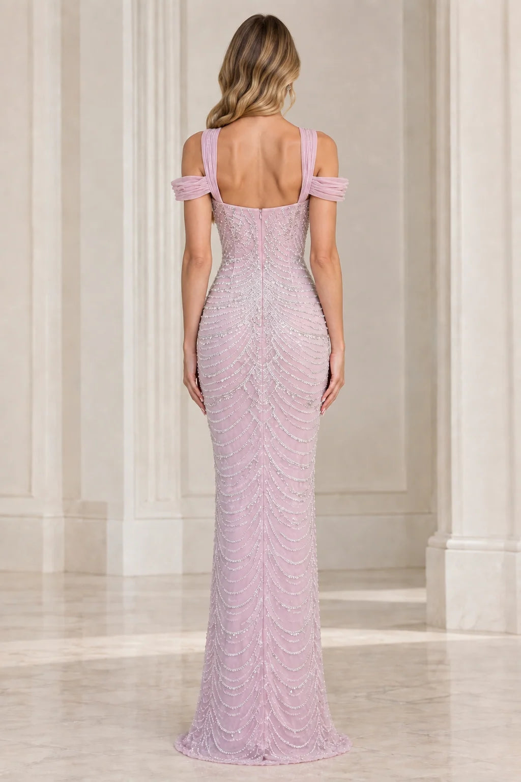 Rear view of lavender evening dress showing square back design and beaded patterns