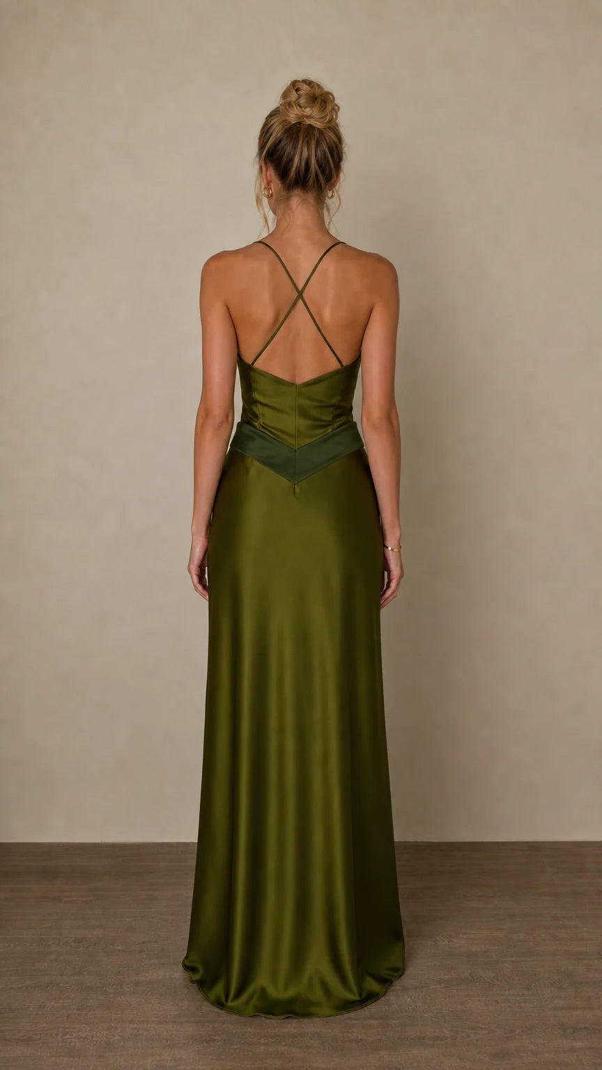 Back view showing criss-cross straps on olive satin dress