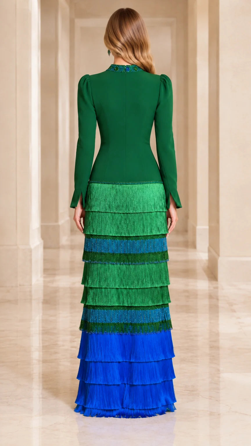 Back view of model in Emerald Green tiered fringe maxi evening dress