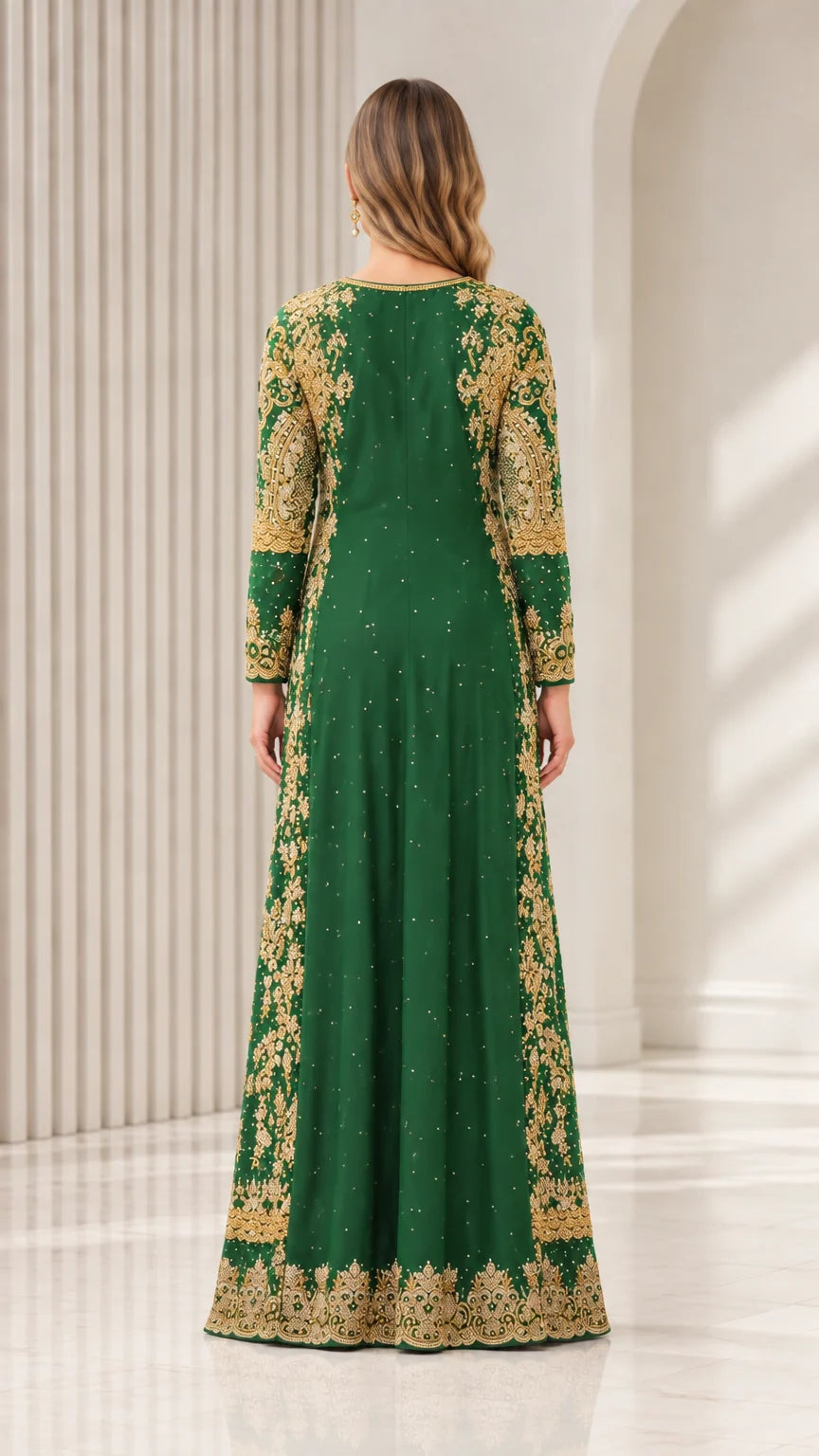 Back view of Emerald Green formal maxi dress with gold embroidered trim