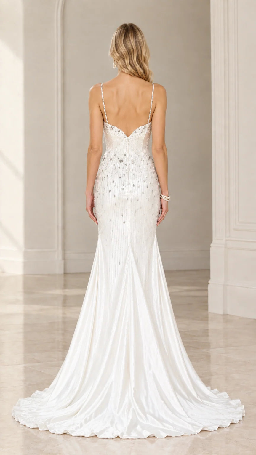 Back view of ivory satin evening dress with low back and train