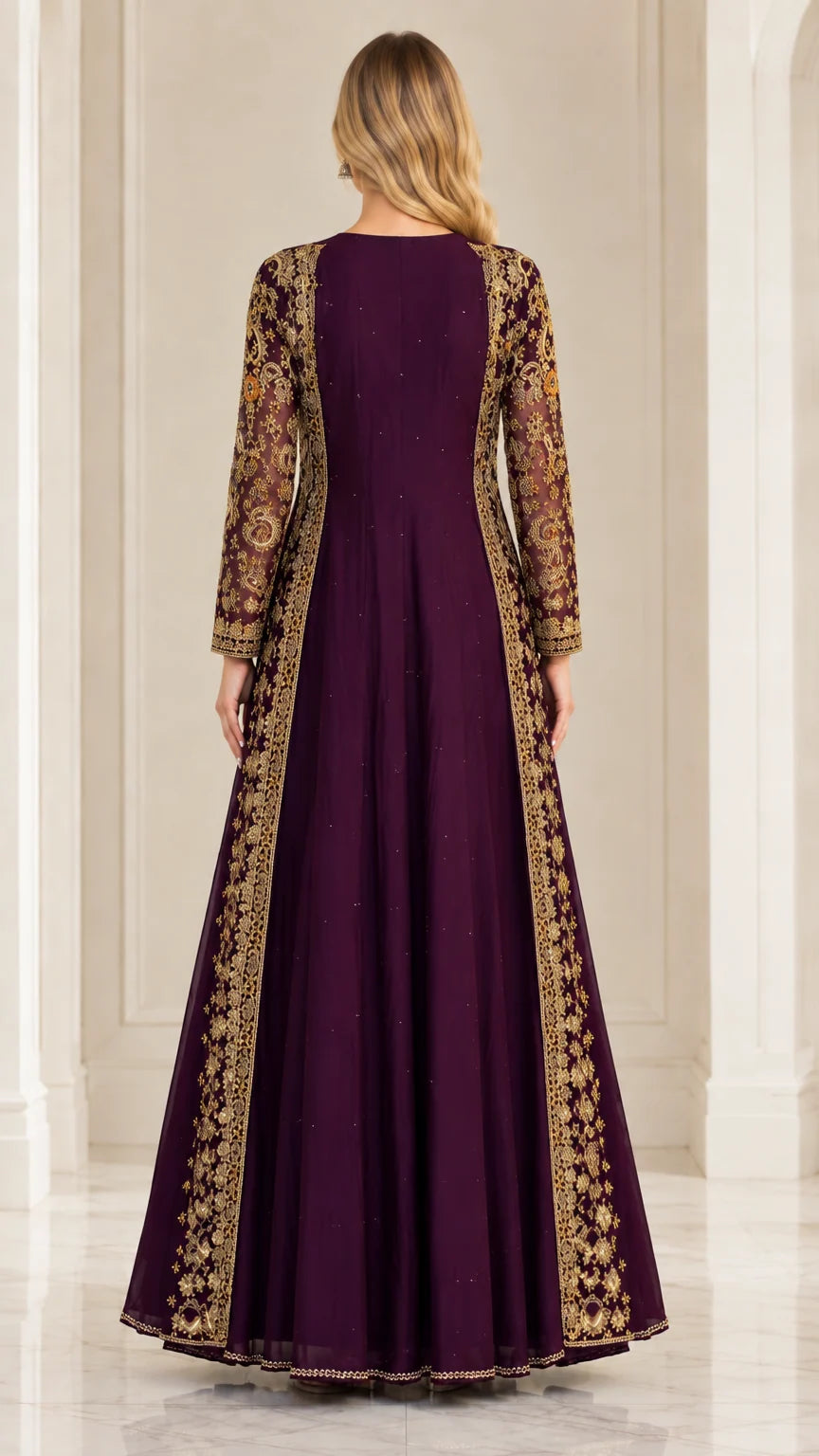 Back view of floor length plum evening gown with sheer embroidered long jacket