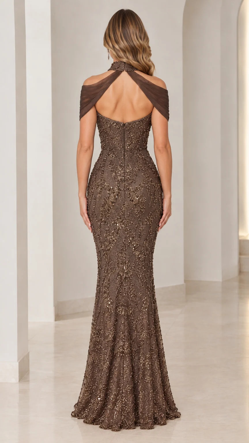 Back view of Mocha halter neck evening dress with keyhole back cutout