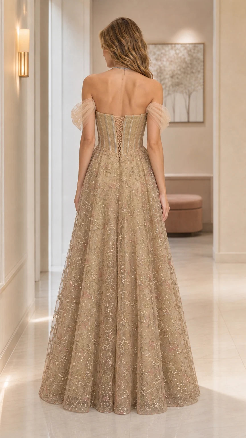 Champagne gold evening gown back view showing lace-up corset detail