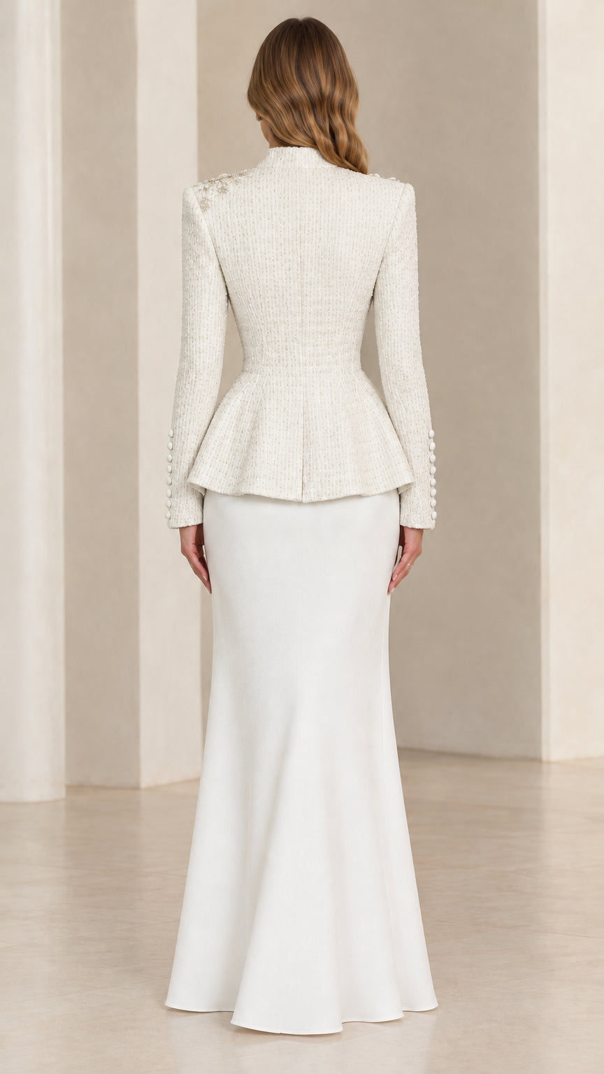 Ivory two-piece formal evening suit back view