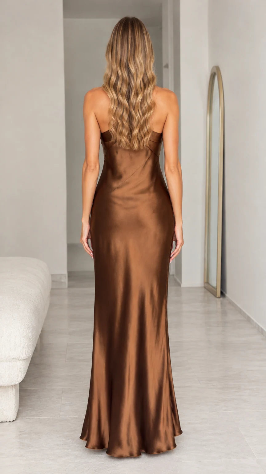 Chocolate brown open back halter evening dress back view