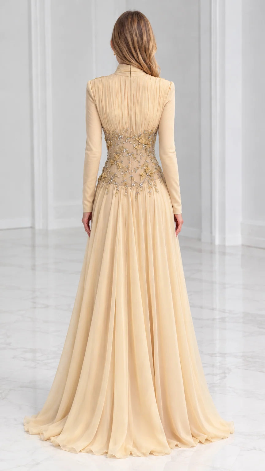 Back view of Champagne high-neck floor-length evening gown