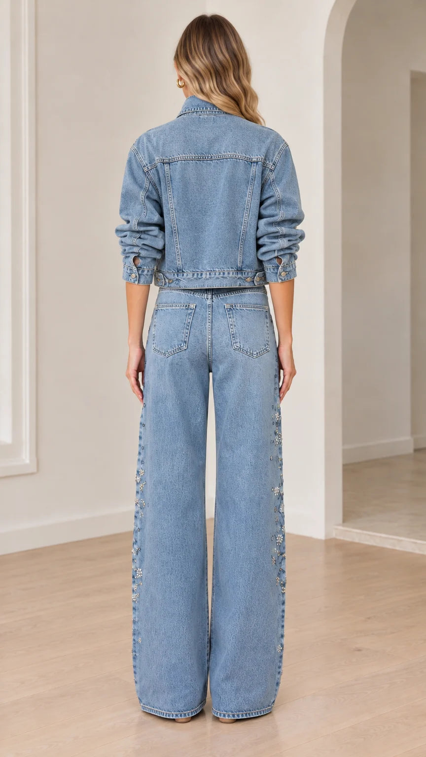 Back view of light blue denim jacket and wide-leg jeans two-piece set