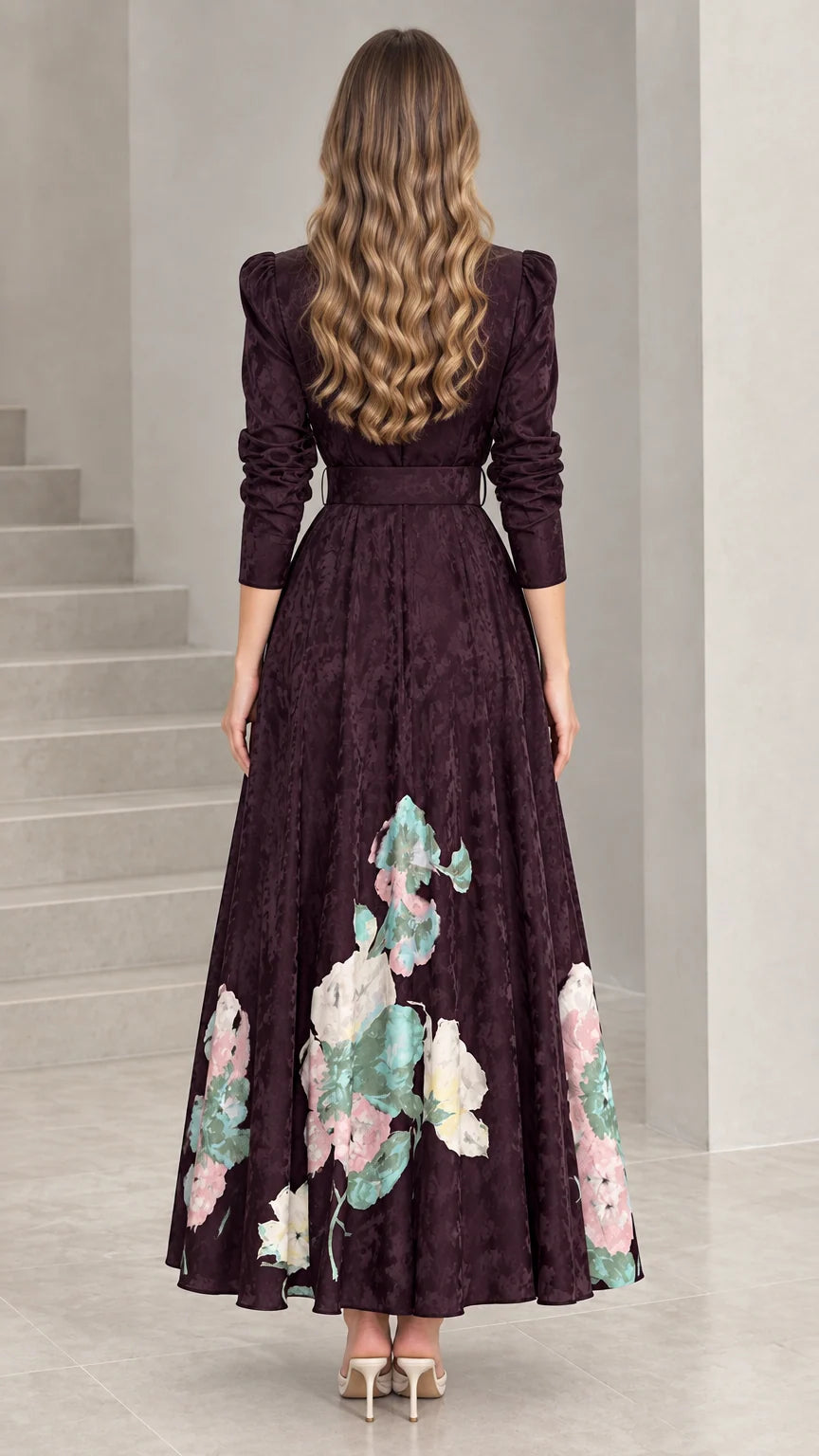 Back view of Deep Plum long sleeve jacquard maxi dress with flowy skirt