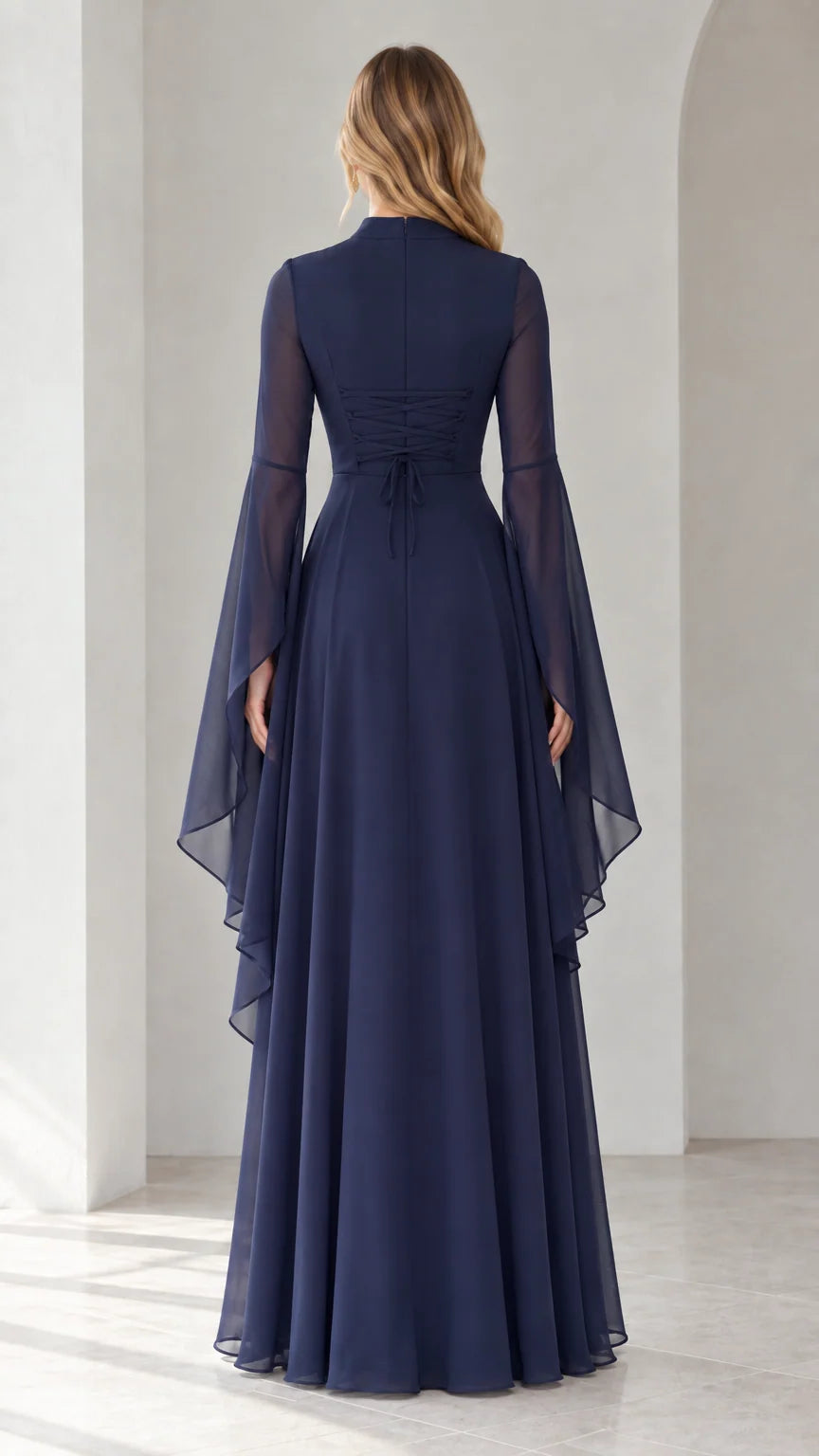 Back view of navy blue evening gown highlighting the lace-up corset back detail