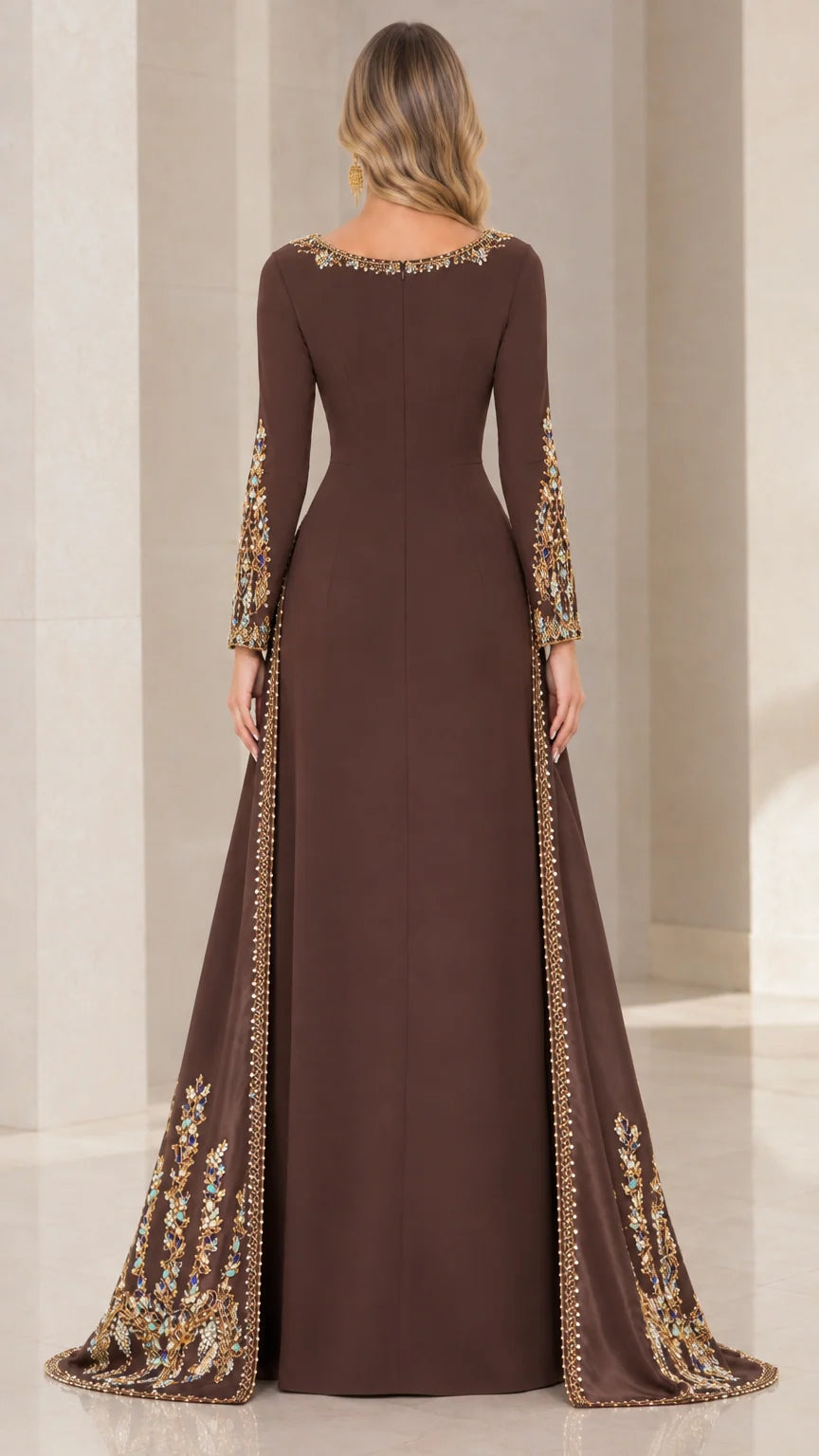 Back view of chocolate brown floor-length formal dress with cape train