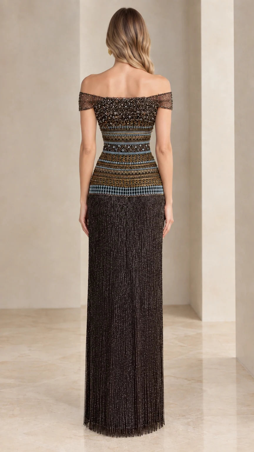 Back view of dark bronze off-the-shoulder beaded formal maxi dress