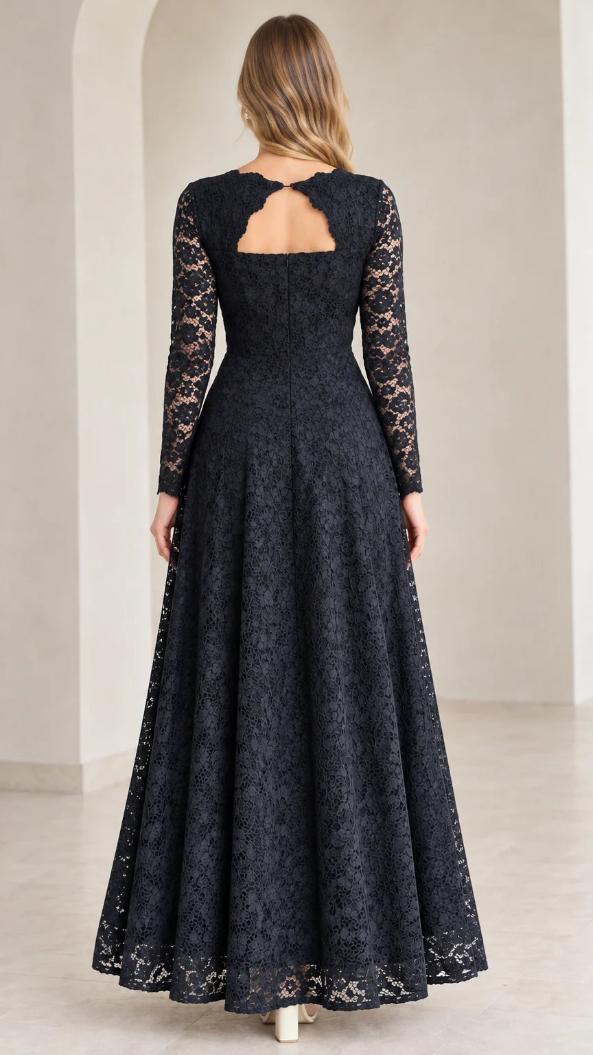 Back view of Navy Blue lace maxi dress featuring elegant keyhole cutout