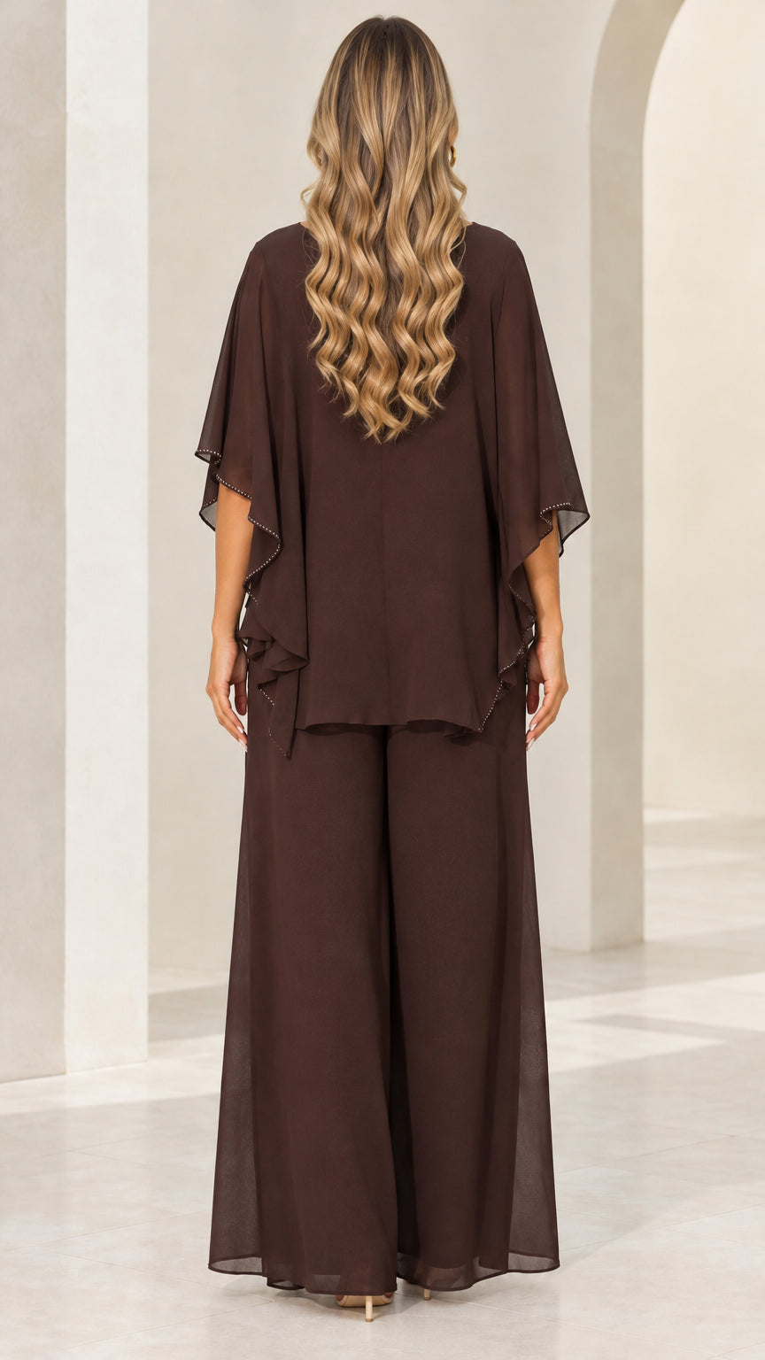 Back view of Chocolate Brown formal evening chiffon pant set with capelet sleeves