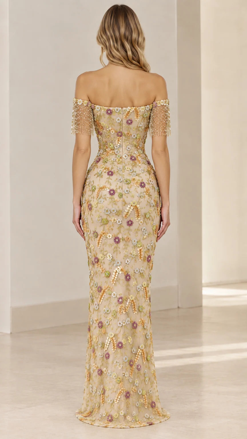 Champagne floral sequin embroidered evening gown back view showing zipper and silhouette