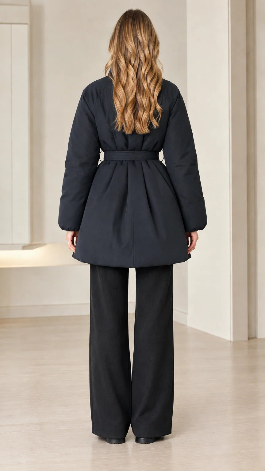 Back view of model wearing black padded jacket with cinched tie belt