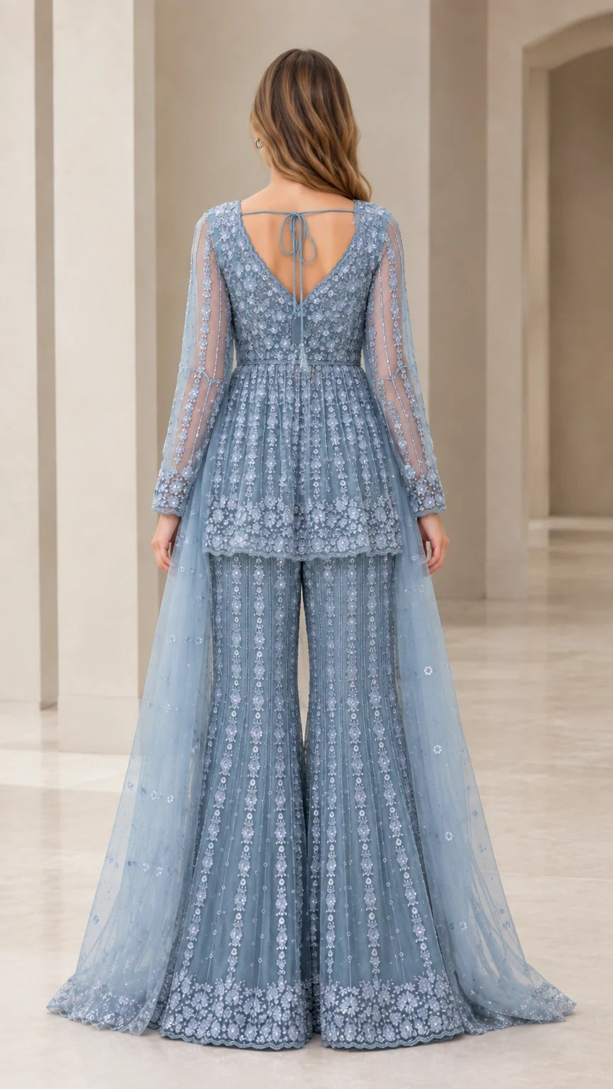 Dusty Blue evening trouser suit back view showing tie detail and cape