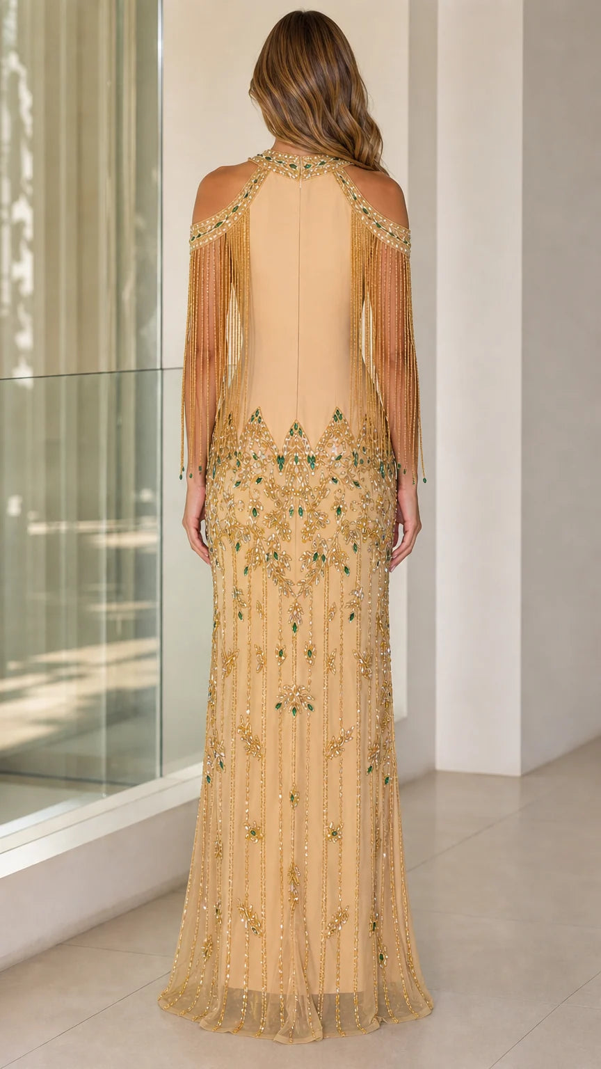 Champagne gold embellished column evening gown back view showing illusion halter back