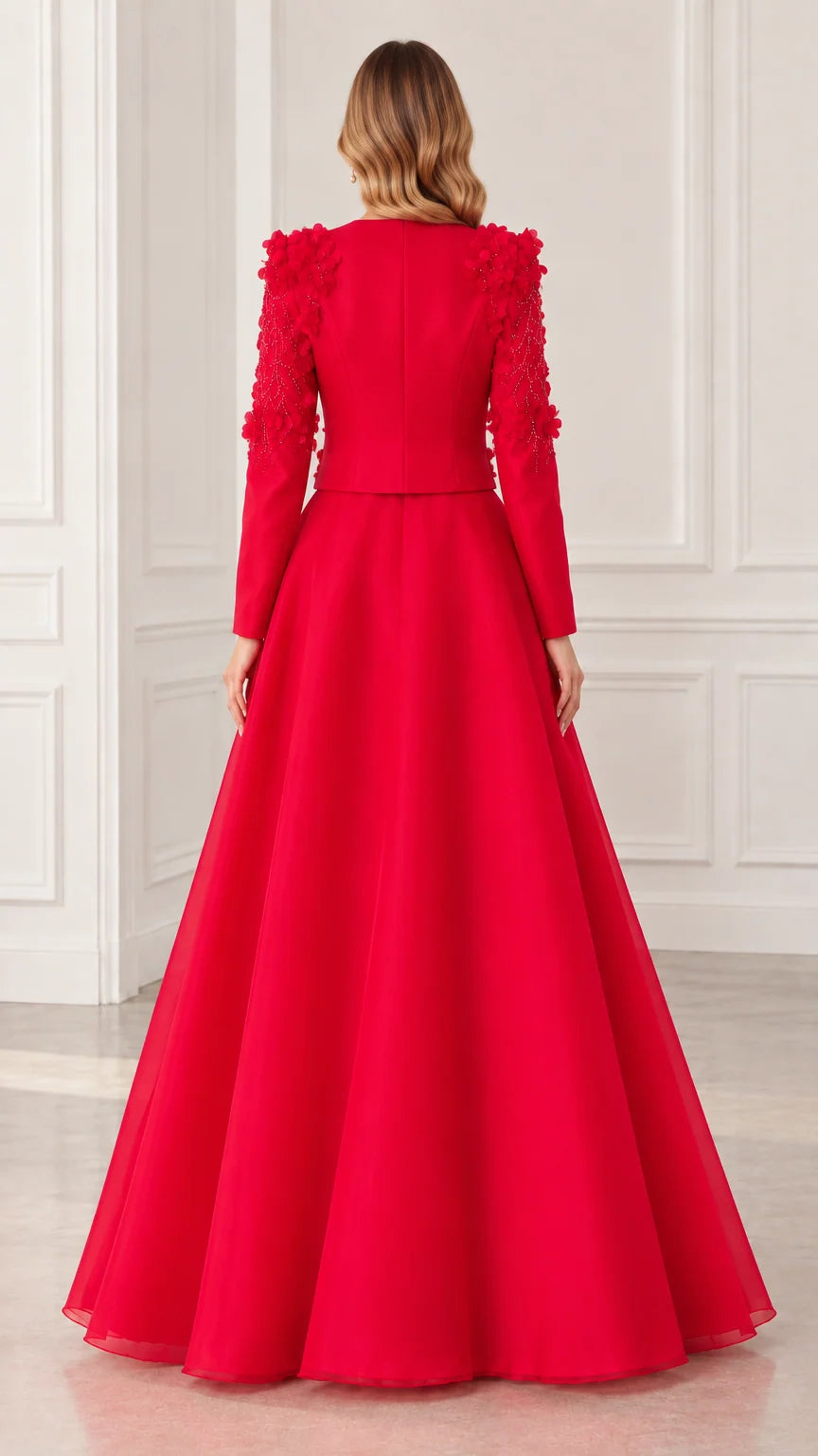 Red long sleeve A-line formal gown back view