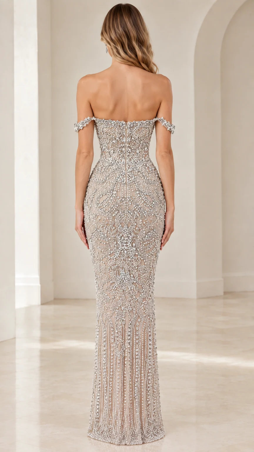 Back view of Champagne off-the-shoulder formal evening maxi gown